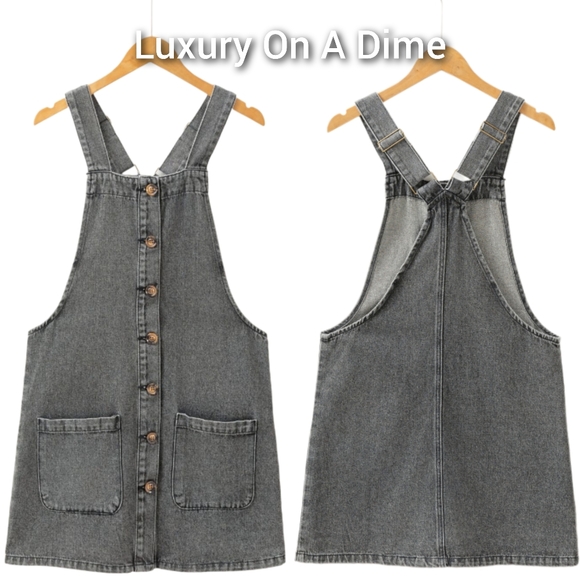 Retro Denim Overall Mini Dress Patch Pocket Sleeveless Jean Button-Up Romper - Picture 2 of 16